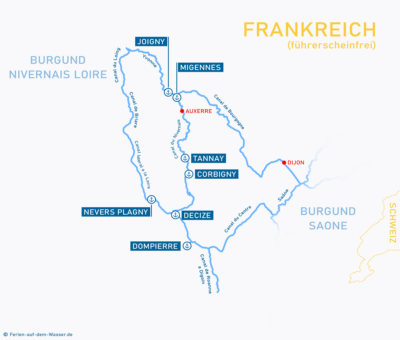 Wasserwege mit Starthäfen Nivernais-Loire im Burgund